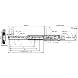 Auszugschienensatz DZ 2907 Schienenlänge 559mm hell verzinkt, Technische Zeichnung