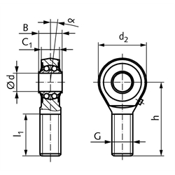 Gelenkkopf BR DIN ISO 12240-4 Maßreihe K Außengewinde M20x1,5 rechts mit Pendelkugellager, Technische Zeichnung
