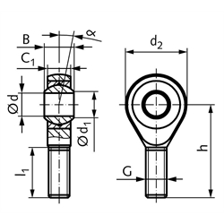 Gelenkkopf GT-R DIN ISO 12240-4 Maßreihe K Außengewinde M14 links wartungsfrei und rostfrei, Technische Zeichnung