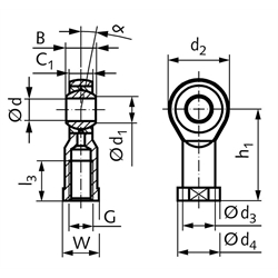 Gelenkkopf GT-R DIN ISO 12240-4 Maßreihe K Innengewinde M30x2 rechts wartungsfrei und rostfrei, Technische Zeichnung