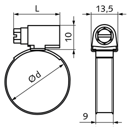 Schlauchschelle DIN 3017 A Typ W4 Edelstahl 1.4301 Spannbereich 16-27mm Bandbreite 9mm, Technische Zeichnung