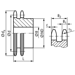 Zweifach-Kettenrad ZRG mit einseitiger Nabe 10 B-2 5/8x3/8" 10 Zähne Mat. Stahl Zähne induktiv gehärtet, Technische Zeichnung