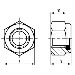 Sechskantmutter DIN 982 (ähnlich DIN EN ISO 7040) mit Klemmteil aus Polyamid M12 Stahl verzinkt Festigkeit 8, Technische Zeichnung