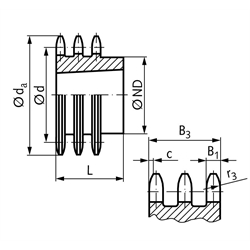 Dreifach-Kettenrad DRT 10 B-3 5/8x3/8" 27 Zähne Material Stahl für Taper-Spannbuchse Typ 2517, Technische Zeichnung