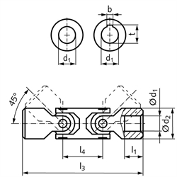 Präzisions-Wellengelenk WD DIN808 doppelt beidseitig Bohrung 12H7 mit Nut DIN 6885-1 Toleranz JS9 Stahl, Technische Zeichnung