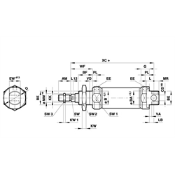 Doppeltwirkender Rundzylinder nach ISO 6432 mit Magnetkolben Zylinderdurchmesser 25mm Hub 160mm , Technische Zeichnung
