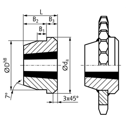 Einschweißnabe für Taper-Spannbuchse 3525 Außendurchmesser 184mm Material Stahl, Technische Zeichnung