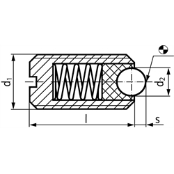 Federndes Druckstück M6 mit beweglicher Kugel und Schlitz Stahl brüniert, Technische Zeichnung