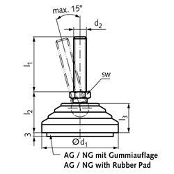 Gelenkfuss 344.5 Form NG M10 x 98mm lang Tellerdurchmesser 60mm Schraube aus Edelstahl , Technische Zeichnung