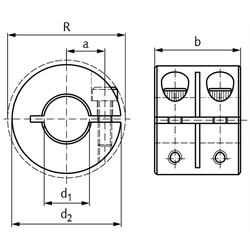Geschlitzter Klemmring breit Edelstahl 1.4305 Bohrung 6mm mit Schrauben DIN 912 A2-70 , Technische Zeichnung