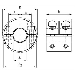 Geteilter Klemmring breit Edelstahl 1.4305 Bohrung 10mm mit Schrauben DIN 912 A2-70 , Technische Zeichnung