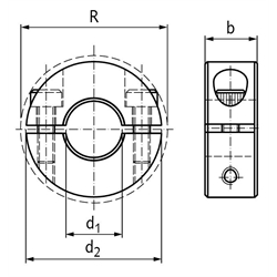 Geteilter Klemmring Stahl C45 verzinkt Bohrung 7mm mit Schrauben DIN 912 12.9, Technische Zeichnung