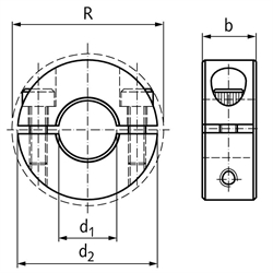 Geteilter Klemmring Stahl C45 brüniert Bohrung 0,5 Zoll = 12,7mm mit Schrauben DIN 912 12.9, Technische Zeichnung