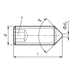 Gewindestift ISO 4027 (ex DIN 914) mit Innensechskant und Spitze Stahl 45H M10 x 20mm, Technische Zeichnung