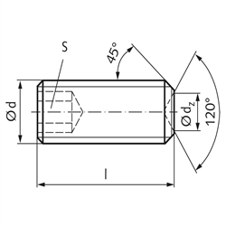 Gewindestift ISO 4029 (ex DIN 916) mit Innensechskant und Ringschneide Edelstahl A2 M4 x 8mm, Technische Zeichnung