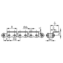 Winkellaschen-Rollenkette 12 B-1-K2, 2xp mit einseitigen breiten Winkellaschen mit 2 Befestigungsbohrungen am Aussenglied im Abstand 2xp , Technische Zeichnung