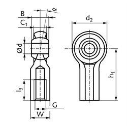 Gelenkkopf igus igubal KCLM-12-F Innen-Feingewinde M12x1,25 links, Technische Zeichnung