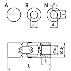 Kreuzgelenk KE Außendurchmesser 25mm beidseitig Bohrung 16H7 mit Nut DIN 6885-1 Toleranz JS9, Technische Zeichnung