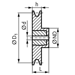Keilriemenscheibe aus Aluminium Profil XPZ, SPZ und Z (10) 1-rillig Nenndurchmesser 180mm, Technische Zeichnung