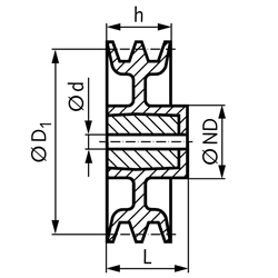 Keilriemenscheibe aus Aluminium Profil XPB, SPB und B (17) 2-rillig Nenndurchmesser 100mm, Technische Zeichnung