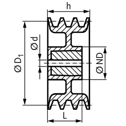 Keilriemenscheibe aus Aluminium Profil XPZ, SPZ und Z (10) 3-rillig Nenndurchmesser 71mm, Technische Zeichnung