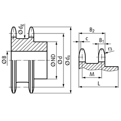 Doppel-Kettenrad ZRENG für 2 Einfach-Rollenketten 12 B-1 3/4x7/16" 19 Zähne Material Stahl Zähne gehärtet, Technische Zeichnung