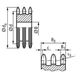 Dreifach-Kettenradscheibe DRL ohne Nabe 08 B-3 1/2x5/16" 29 Zähne Mat. Stahl , Technische Zeichnung