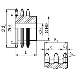 Dreifach-Kettenrad DRS mit einseitiger Nabe 12 B-3 3/4x7/16" 45 Zähne Mat. Grauguss , Technische Zeichnung