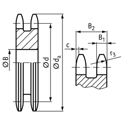 Zweifach-Kettenradscheibe ZRL ohne Nabe 06 B-2 3/8x7/32" 38 Zähne Mat. Stahl , Technische Zeichnung