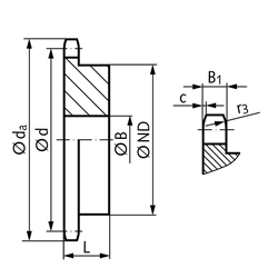 Kettenrad KRG mit einseitiger Nabe 10 B-1 5/8x3/8" 24 Zähne Material Stahl Zähne induktiv gehärtet, Technische Zeichnung