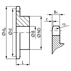 Kettenrad KRR mit einseitiger Nabe 16B-1 1"x17,02mm 21 Zähne Mat. 1.4301, Technische Zeichnung