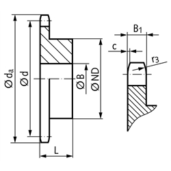 Kettenrad KRS mit einseitiger Nabe 12 B-1 3/4x7/16" 14 Zähne Mat. Stahl , Technische Zeichnung