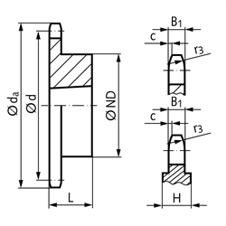 Kettenrad KRT 20 B-1 1 1/4" x 3/4" 19 Zähne Material Stahl für Taper-Spannbuchse Typ 2517, Technische Zeichnung