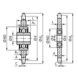 Kettenspannrad KSP-R Material 1.4301 16 B-1 1"x17,02mm 15 Zähne mit Kugellager, Technische Zeichnung