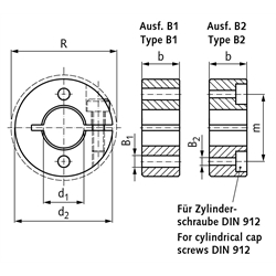 Geschlitzter Klemmring aus Stahl C45 brüniert Bohrung 10mm mit Schraube DIN 912 12.9 Ausf. B2, Technische Zeichnung