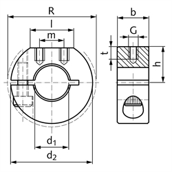Geschlitzter Klemmring aus Stahl C45 brüniert Bohrung 14mm mit Schraube DIN 912 12.9 Ausf. GR, Technische Zeichnung