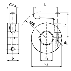 Geschlitzter Klemmring Stahl C45 brüniert Bohrung 42mm mit verstellbarem Klemmhebel M8 x 25 Länge 78mm, Technische Zeichnung