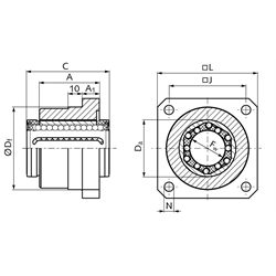 Linearlagereinheit KG-3-F ISO-Reihe 3 mit Linear-Kugellager mit Winkelausgleich mit Doppellippendichtung für Wellen-Ø 16mm, Technische Zeichnung