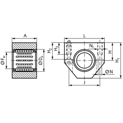 Linearkugellagereinheit KG-1 ISO-Reihe 1 Premium mit Deckscheiben für Wellendurchmesser 6mm rostfrei, Technische Zeichnung