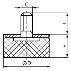 Gummi-Metall-Anschlagpuffer MGS Durchmesser 20mm Höhe 11mm Gewinde M6x18 , Technische Zeichnung
