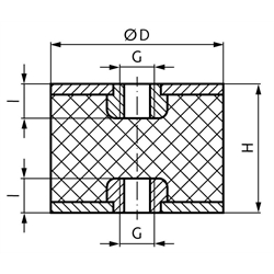 Metall-Gummipuffer MGI mit beidseitigem Innengewinde Durchmesser 75mm Höhe 50mm Gewinde M12 x 12mm Edelstahl 1.4301 , Technische Zeichnung