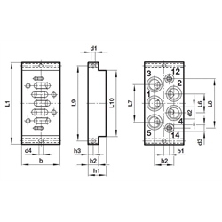 Einzelanschlussplatte VDMA 24345 , Form B Anschlüsse unten Norgren M/P19125 ISO 1, Technische Zeichnung