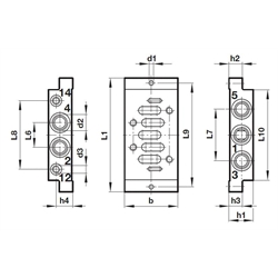 Einzelanschlussplatte VDMA 24345 , Form A Anschlüsse seitlich Norgren M/P19132 ISO 2, Technische Zeichnung