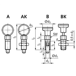 Rastbolzen 717 Form B Bolzendurchmesser 6mm Gewinde M10 Edelstahl, Technische Zeichnung