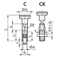 Rastbolzen 717 Form CK Bolzendurchmesser 6mm Gewinde M10 Edelstahl, Technische Zeichnung