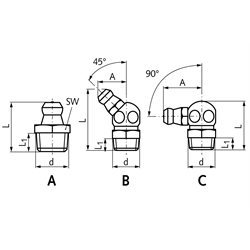 Hydraulik-Kegel-Schmiernippel DIN 71412 Form A - H1 M6x1 keg, Technische Zeichnung