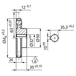 Präzisions-Schneckenrad Achsabstand 63mm Übersetzung i=1:34 , Technische Zeichnung