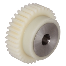 Stirnzahnrad aus Kunststoff PA12G weiß (naturfarben) mit Stahlkern Modul 2,5 20 Zähne Zahnbreite 25mm Außendurchmesser 55mm, Produktphoto