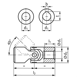Einfach-Wellengelenk WEL ähnlich DIN808 beidseitig Bohrung 8H7 mit Nut DIN 6885-1 Toleranz JS9, Technische Zeichnung