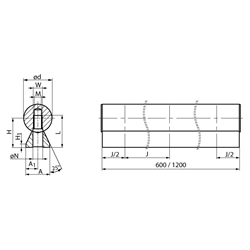 Präzisions-Wellenstahl mit Wellenunterstützung niedrige Ausführung Ø 25h6 x 1200mm lang, Technische Zeichnung